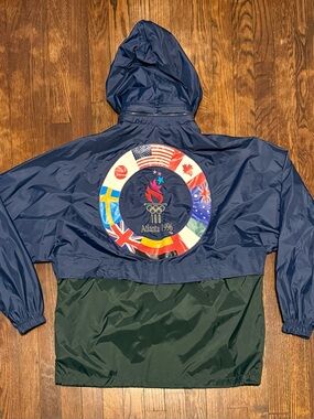 VTG Speedo Atlanta 1996 Olympics Flag Graphic Full Zip Stowable Hood Jacket